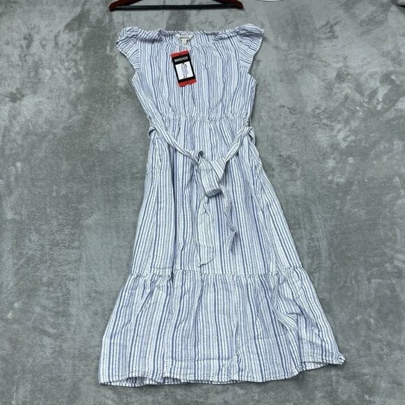 Briggs Women’s Striped Linen Blend Midi Dress With Tie Waist d0115 - Picture 2 of 6